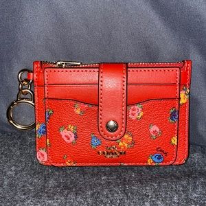 Coach Card Case with Key Ring—Miami Red Vintage Rose Print
